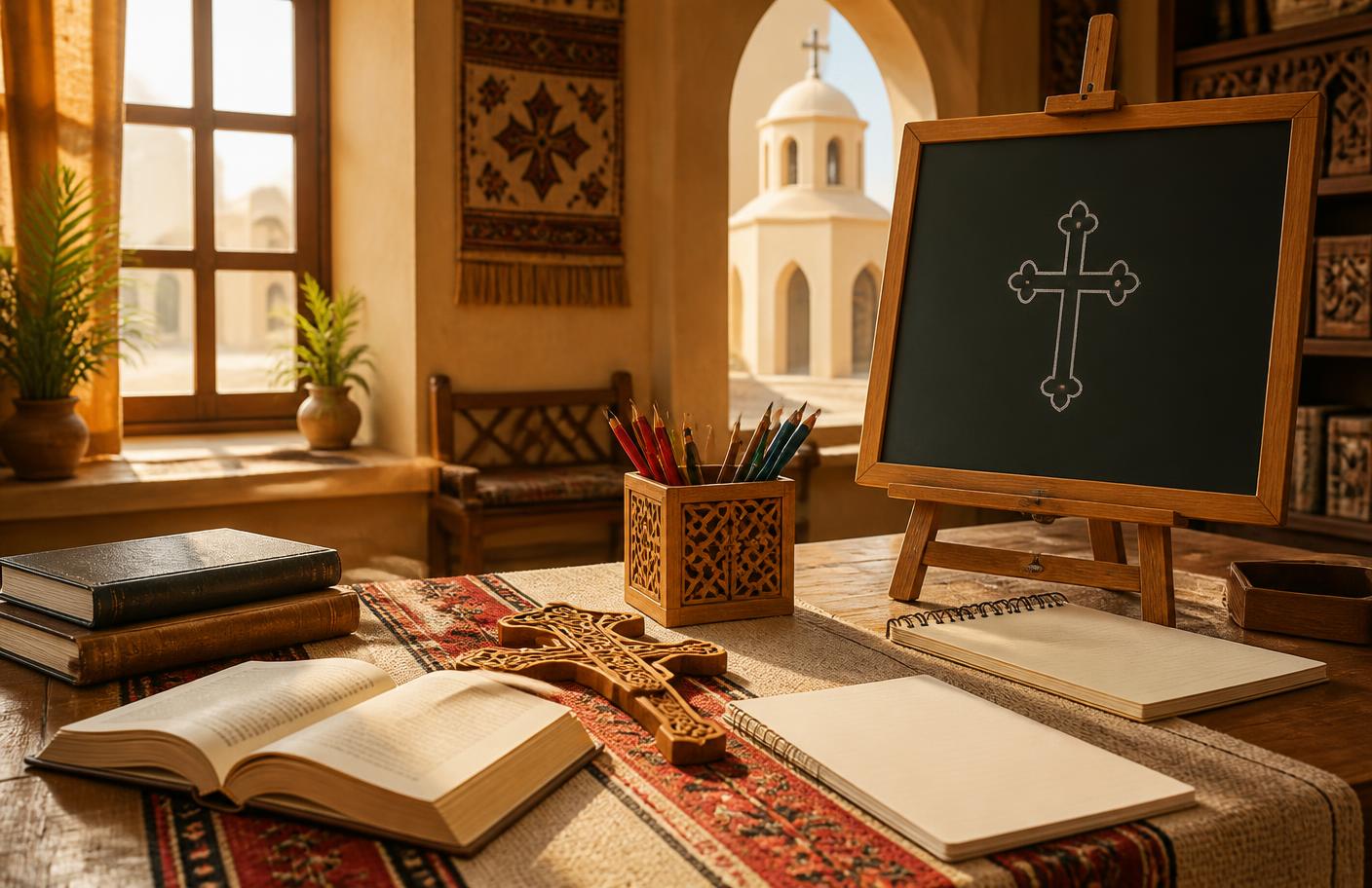 Salle de catéchèse copte avec livres ouverts et croix