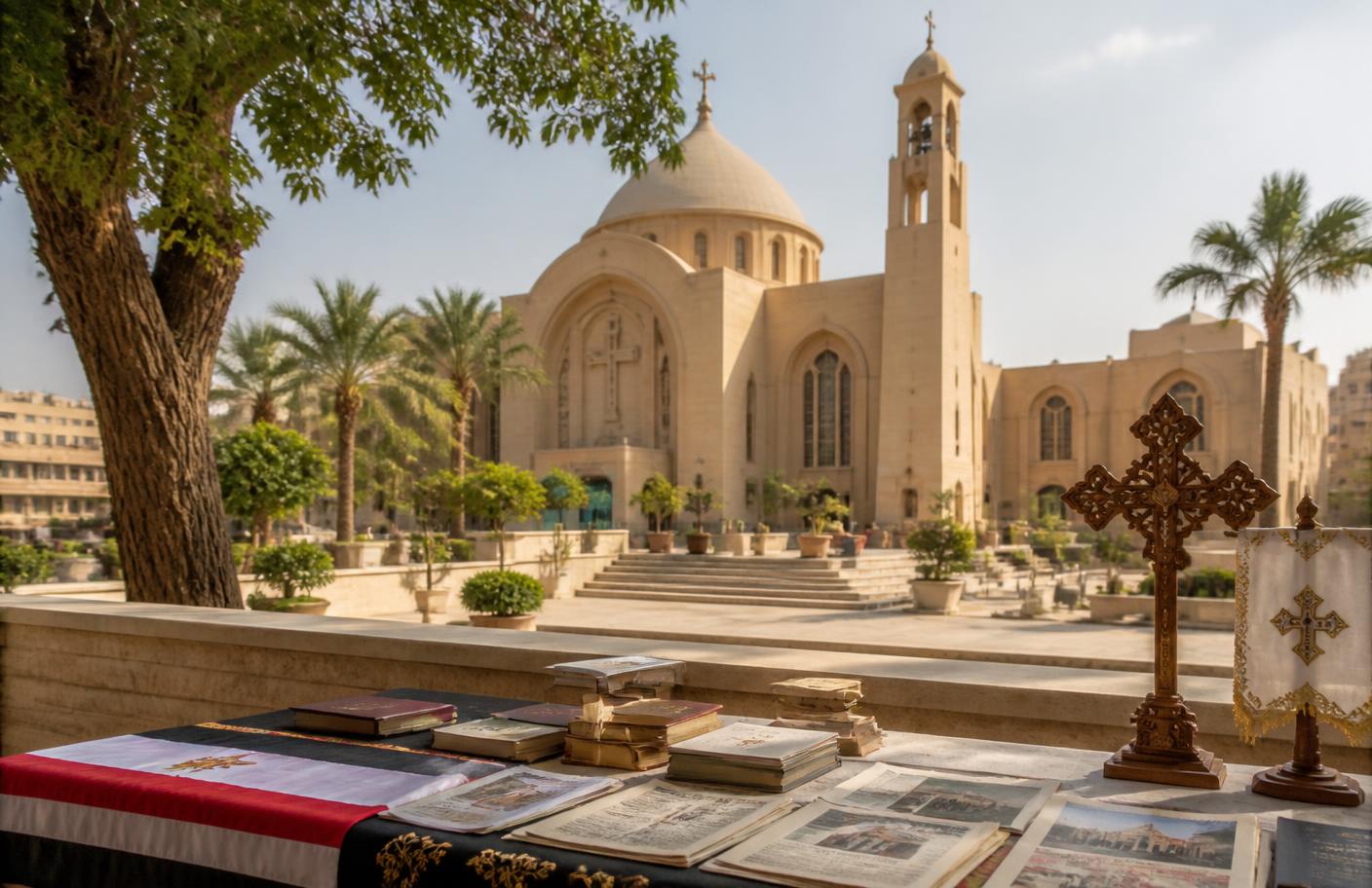 Façade d'une cathédrale copte orthodoxe contemporaine au Caire