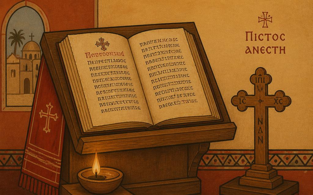 Manuscrit copte ouvert sur un lutrin de bois, croix et lampe à huile